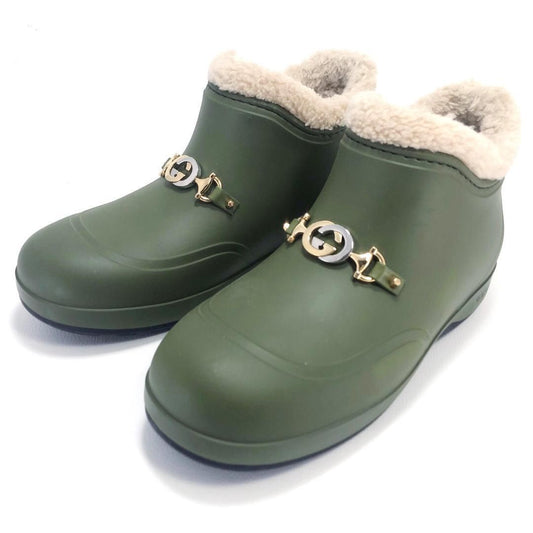 【美品】GUCCI グッチ／メンズ／ホースビット付き リアルムートン ボア アンクルブーツ／ダブルG／7 26cm／ラバー／グリーン