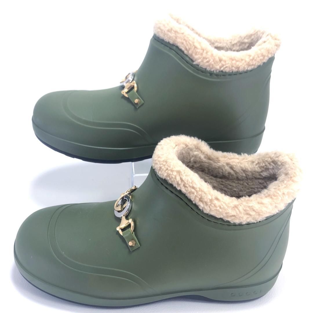 【美品】GUCCI グッチ／メンズ／ホースビット付き リアルムートン ボア アンクルブーツ／ダブルG／7 26cm／ラバー／グリーン