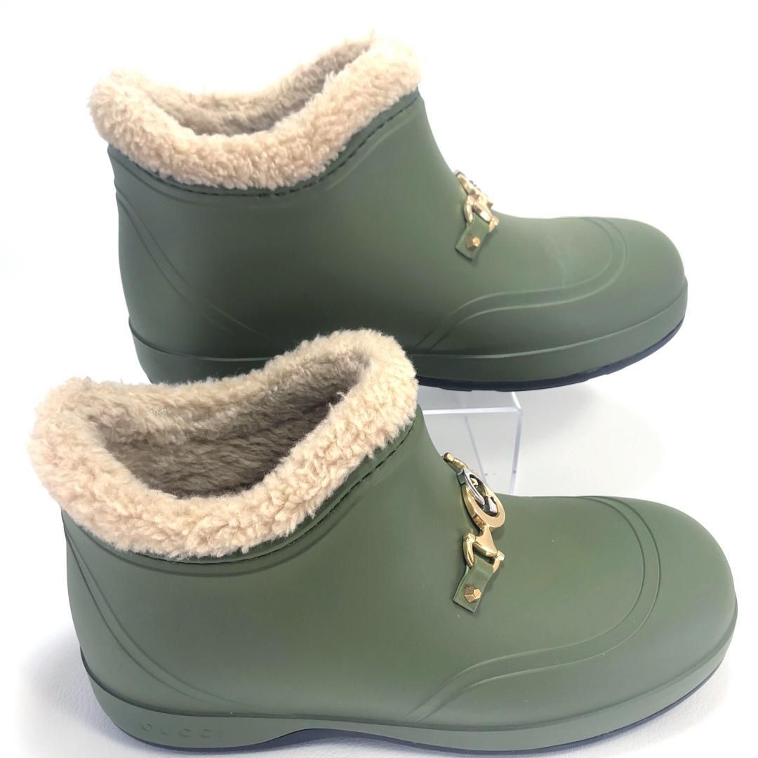 【美品】GUCCI グッチ／メンズ／ホースビット付き リアルムートン ボア アンクルブーツ／ダブルG／7 26cm／ラバー／グリーン