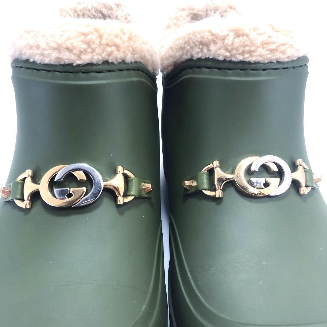 【美品】GUCCI グッチ／メンズ／ホースビット付き リアルムートン ボア アンクルブーツ／ダブルG／7 26cm／ラバー／グリーン