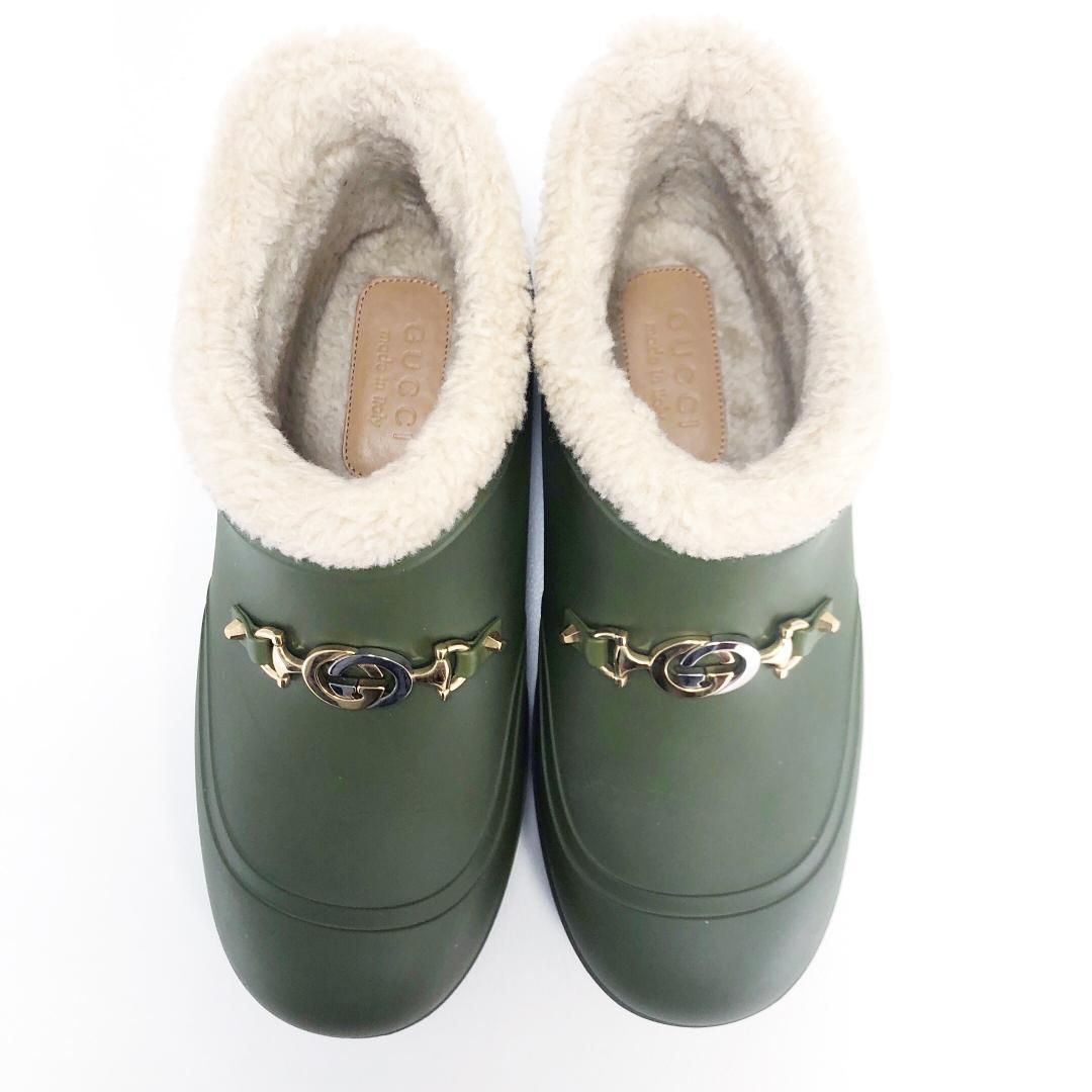 【美品】GUCCI グッチ／メンズ／ホースビット付き リアルムートン ボア アンクルブーツ／ダブルG／7 26cm／ラバー／グリーン