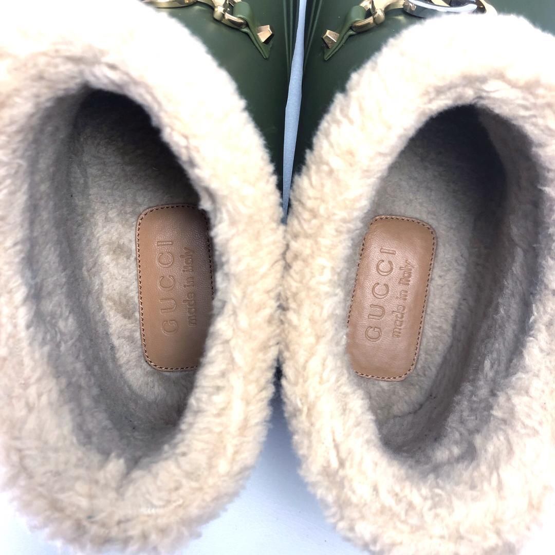 【美品】GUCCI グッチ／メンズ／ホースビット付き リアルムートン ボア アンクルブーツ／ダブルG／7 26cm／ラバー／グリーン