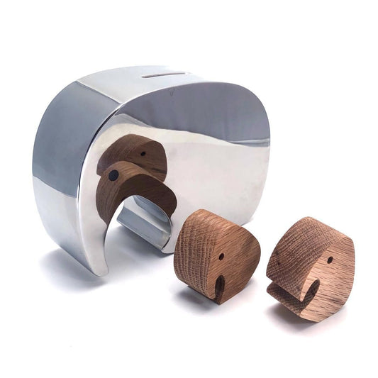 Georg Jensen ジョージジェンセン／エレファント 貯金箱 マニファント ウィズ ツインズ／ステンレス・木製／シルバー・ブラウン