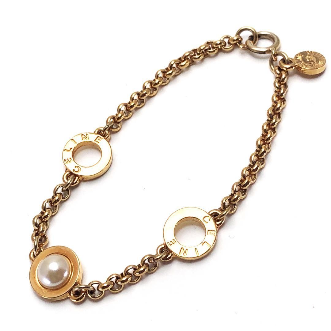 【希少・美品】CELINE セリーヌ／サークルロゴ フェイクパール ブレスレット／GP／ゴールド・ホワイト
