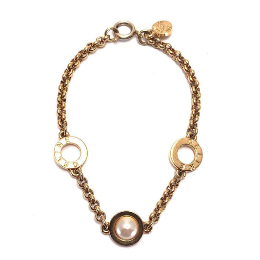 【希少・美品】CELINE セリーヌ／サークルロゴ フェイクパール ブレスレット／GP／ゴールド・ホワイト