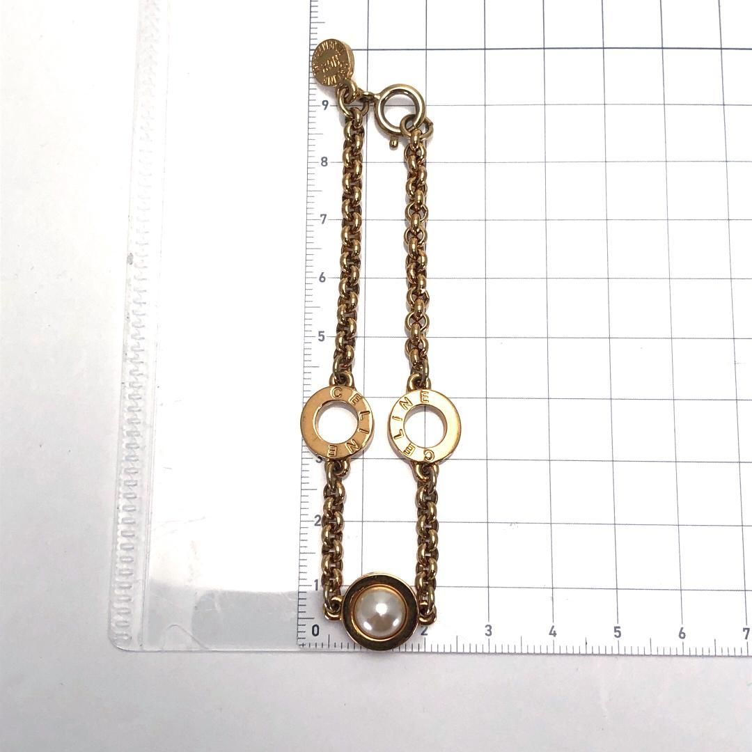 【希少・美品】CELINE セリーヌ／サークルロゴ フェイクパール ブレスレット／GP／ゴールド・ホワイト