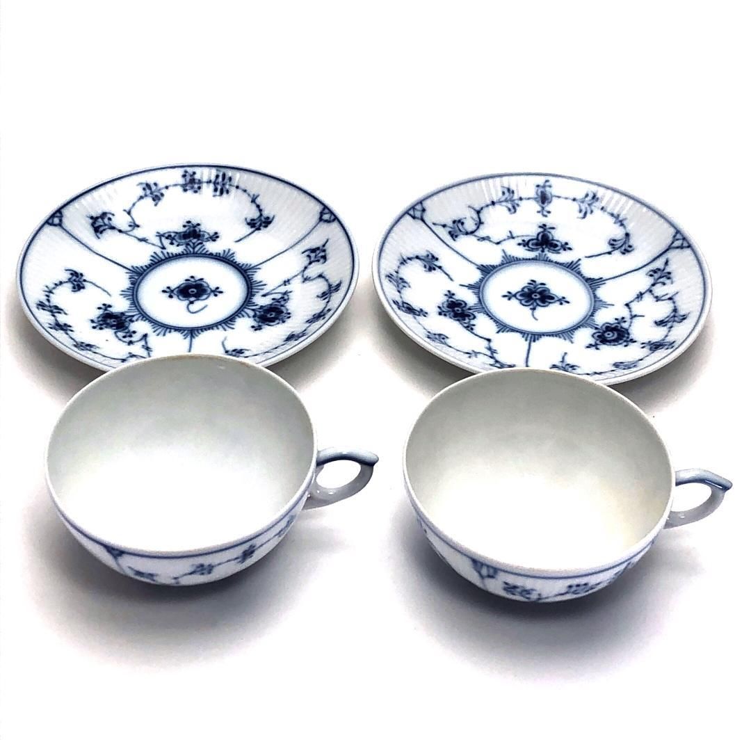 Royal Copenhagen ロイヤルコペンハーゲン／ブルーフルーテッド プレイン ペア カップ＆ソーサー／陶器／ホワイト・ブルー