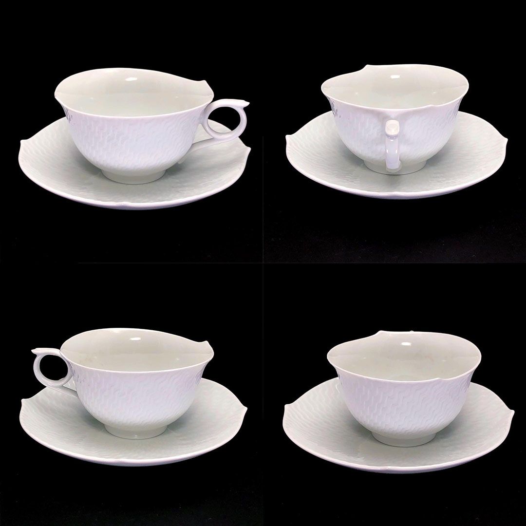 【美品】meissen マイセン／波の戯れ ペア ティー カップ&ソーサー／陶器／ホワイト