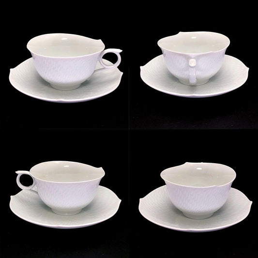 【美品】meissen マイセン／波の戯れ ペア ティー カップ&ソーサー／陶器／ホワイト