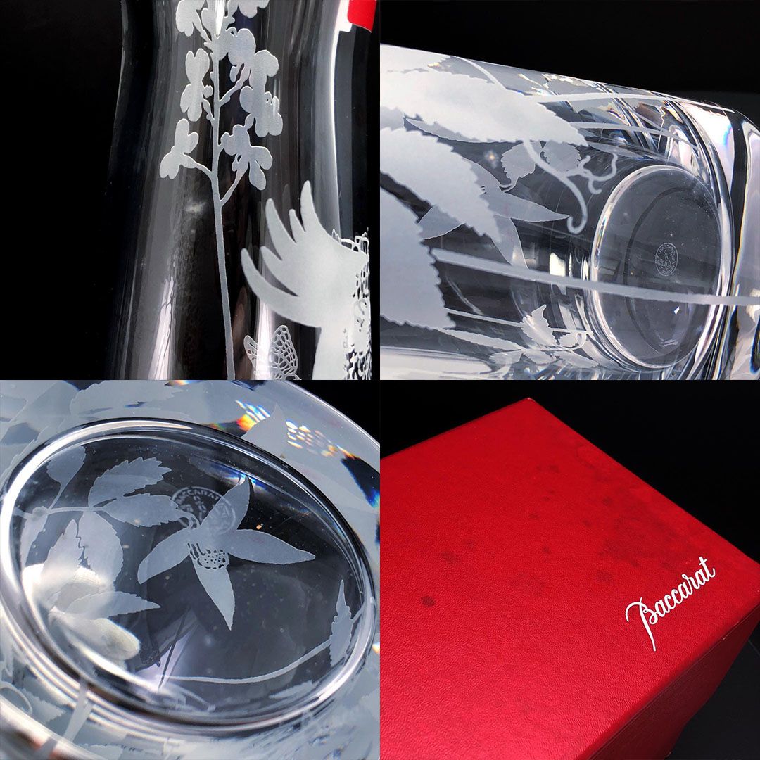 【希少】Baccarat バカラ／ポエティックガーデン オウム＆蝶柄 フワラーベース／クリスタルグラス／クリア／BC492