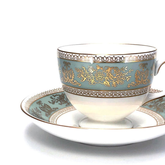 【美品】WEDGWOOD ウェッジウッド／コロンビア セージグリーン コーヒー カップ＆ソーサー／陶器／ホワイト・グリーン・ゴールド