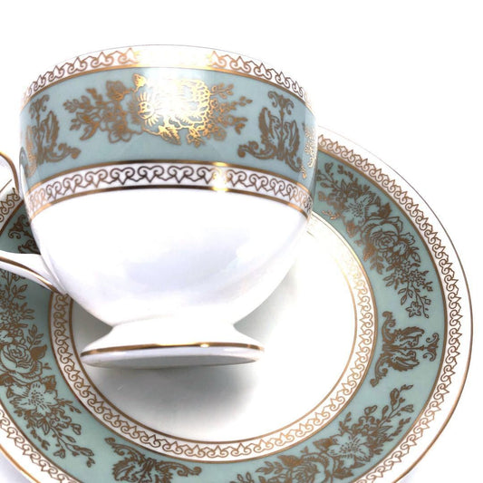 【美品】WEDGWOOD ウェッジウッド／コロンビア セージグリーン コーヒー カップ＆ソーサー／陶器／ホワイト・グリーン・ゴールド