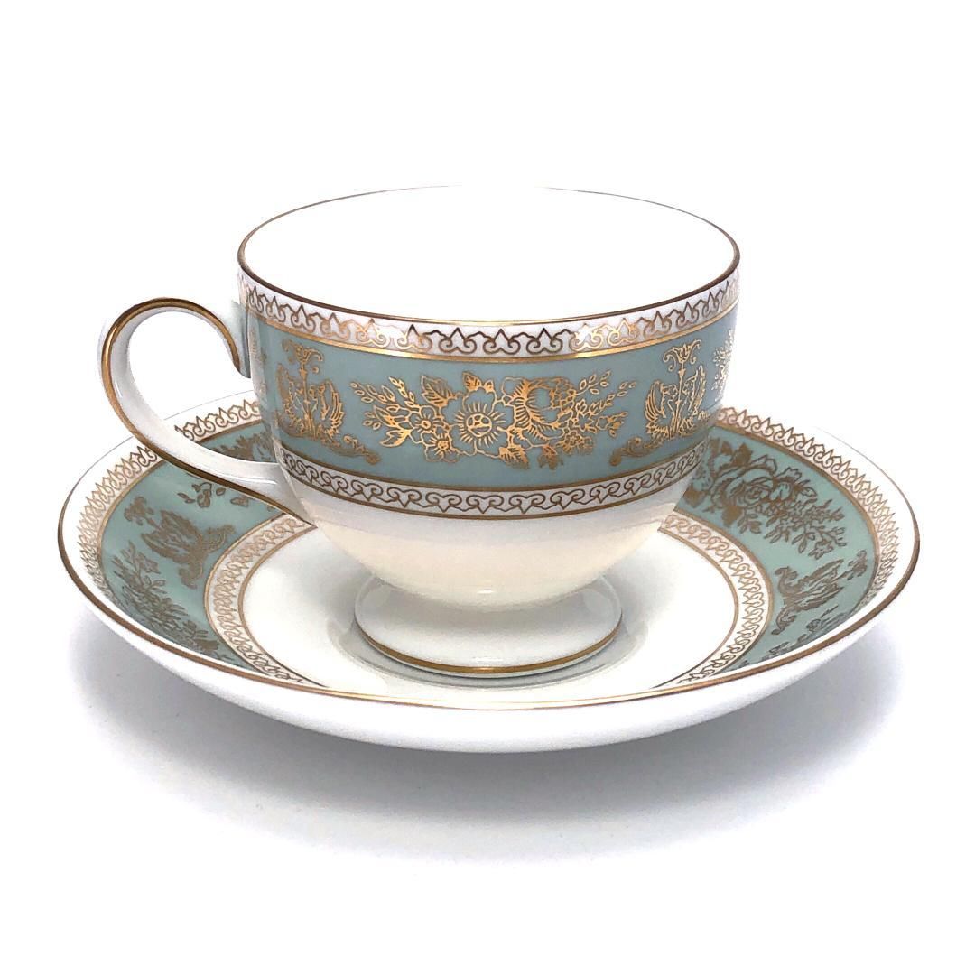 【美品】WEDGWOOD ウェッジウッド／コロンビア セージグリーン コーヒー カップ＆ソーサー／陶器／ホワイト・グリーン・ゴールド