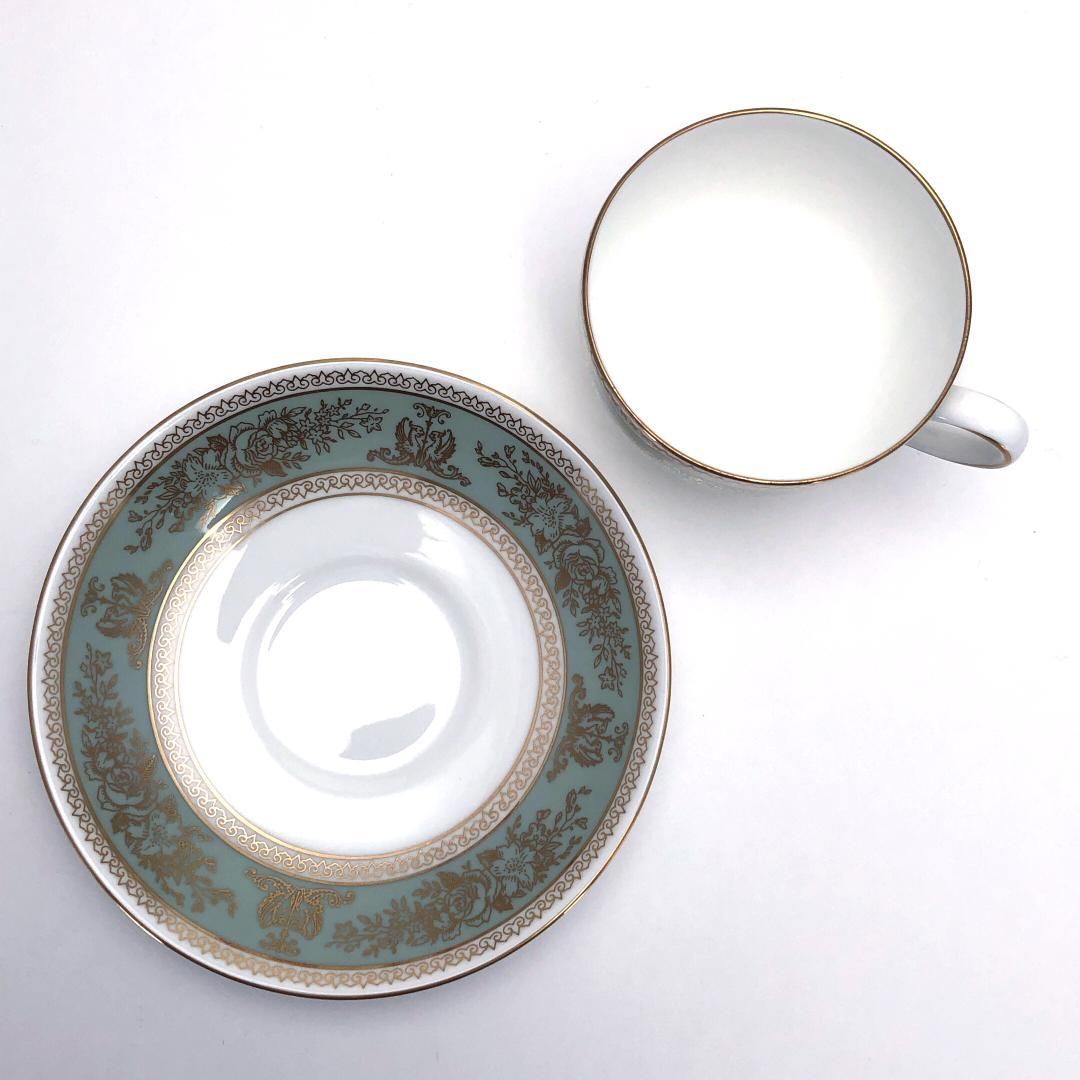 【美品】WEDGWOOD ウェッジウッド／コロンビア セージグリーン コーヒー カップ＆ソーサー／陶器／ホワイト・グリーン・ゴールド