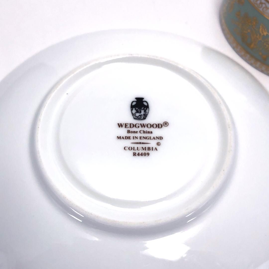 【美品】WEDGWOOD ウェッジウッド／コロンビア セージグリーン コーヒー カップ＆ソーサー／陶器／ホワイト・グリーン・ゴールド