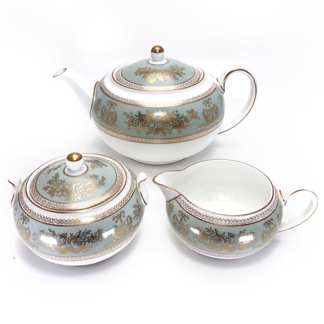 【美品】WEDGWOOD ウェッジウッド／コロンビア セージグリーン ティーポット・シュガーポット・クリーマー セット／陶器／ホワイト・グリーン・ゴールド