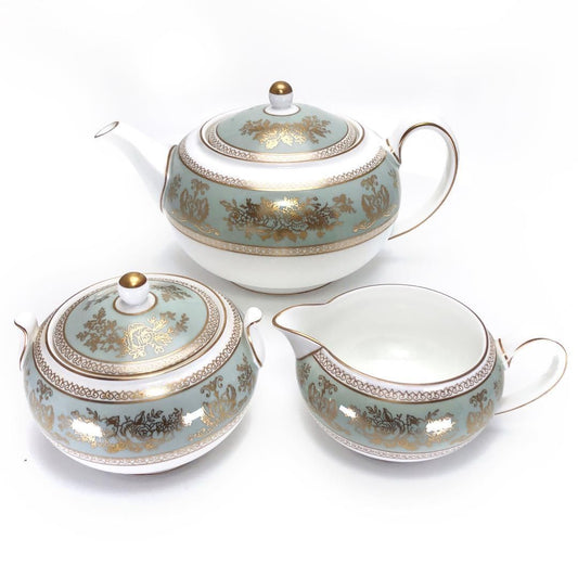 【美品】WEDGWOOD ウェッジウッド／コロンビア セージグリーン ティーポット・シュガーポット・クリーマー セット／陶器／ホワイト・グリーン・ゴールド