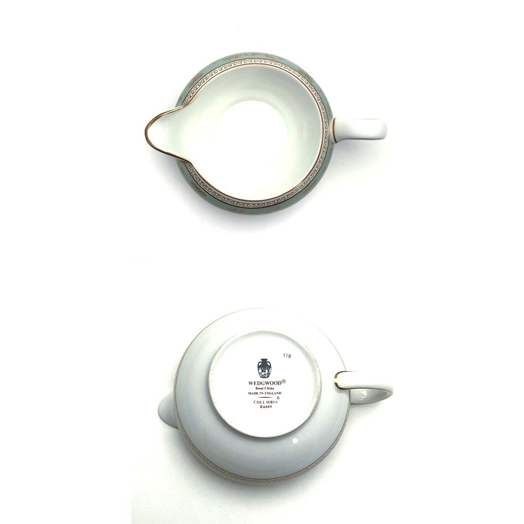 【美品】WEDGWOOD ウェッジウッド／コロンビア セージグリーン ティーポット・シュガーポット・クリーマー セット／陶器／ホワイト・グリーン・ゴールド