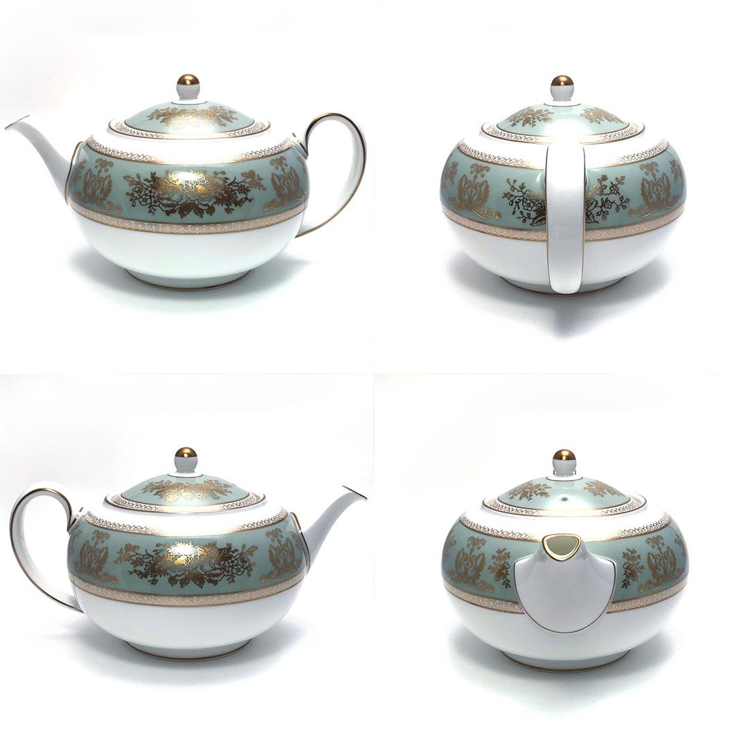 【美品】WEDGWOOD ウェッジウッド／コロンビア セージグリーン ティーポット・シュガーポット・クリーマー セット／陶器／ホワイト・グリーン・ゴールド