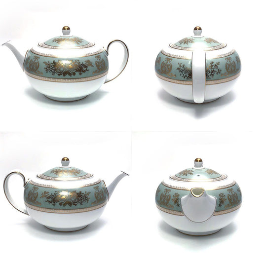 【美品】WEDGWOOD ウェッジウッド／コロンビア セージグリーン ティーポット・シュガーポット・クリーマー セット／陶器／ホワイト・グリーン・ゴールド