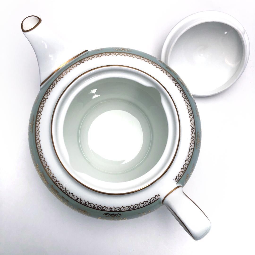 【美品】WEDGWOOD ウェッジウッド／コロンビア セージグリーン ティーポット・シュガーポット・クリーマー セット／陶器／ホワイト・グリーン・ゴールド