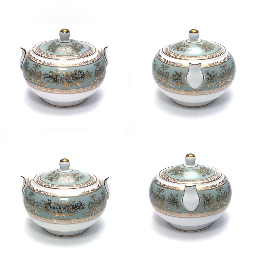 【美品】WEDGWOOD ウェッジウッド／コロンビア セージグリーン ティーポット・シュガーポット・クリーマー セット／陶器／ホワイト・グリーン・ゴールド