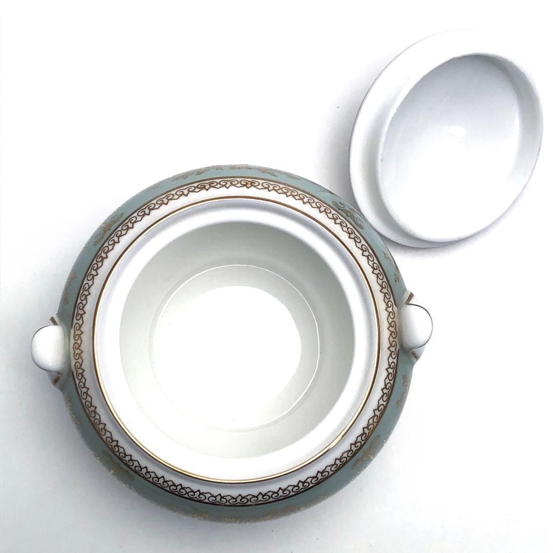 【美品】WEDGWOOD ウェッジウッド／コロンビア セージグリーン ティーポット・シュガーポット・クリーマー セット／陶器／ホワイト・グリーン・ゴールド