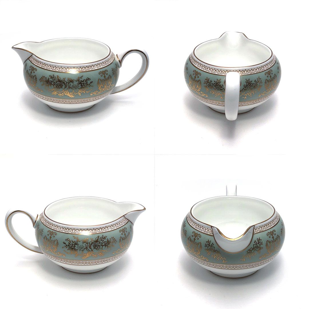 【美品】WEDGWOOD ウェッジウッド／コロンビア セージグリーン ティーポット・シュガーポット・クリーマー セット／陶器／ホワイト・グリーン・ゴールド