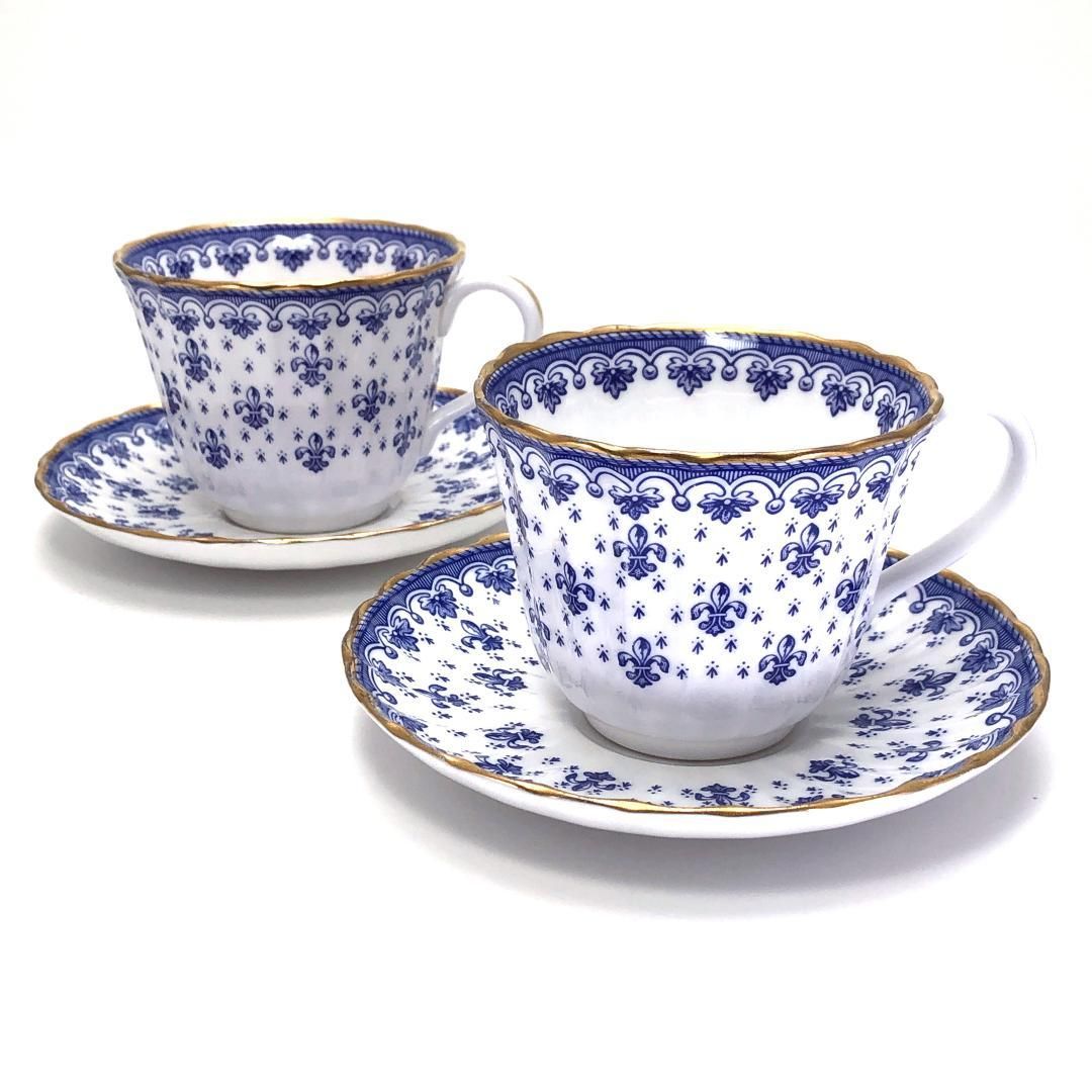 【美品】spode スポード／フルールドリス ブルー ペア カップ&ソーサー／陶器／ブルー・ホワイト・ゴールド