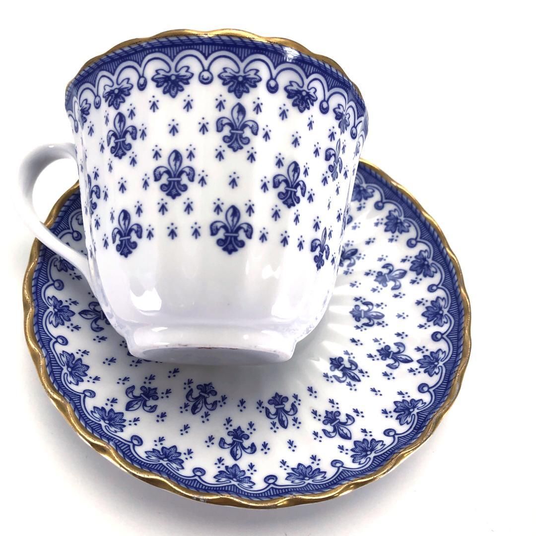 【美品】spode スポード／フルールドリス ブルー ペア カップ&ソーサー／陶器／ブルー・ホワイト・ゴールド
