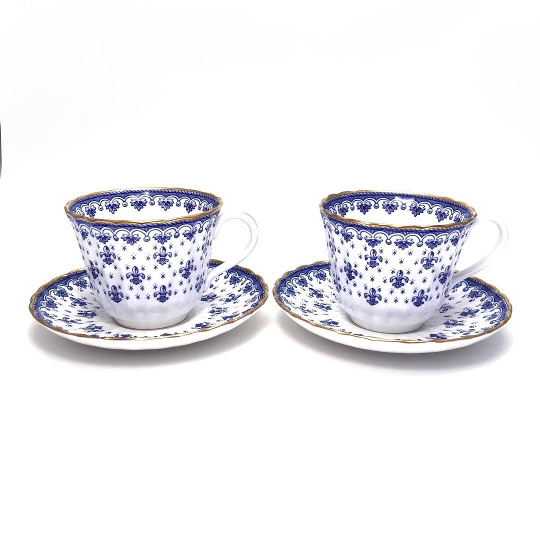 【美品】spode スポード／フルールドリス ブルー ペア カップ&ソーサー／陶器／ブルー・ホワイト・ゴールド