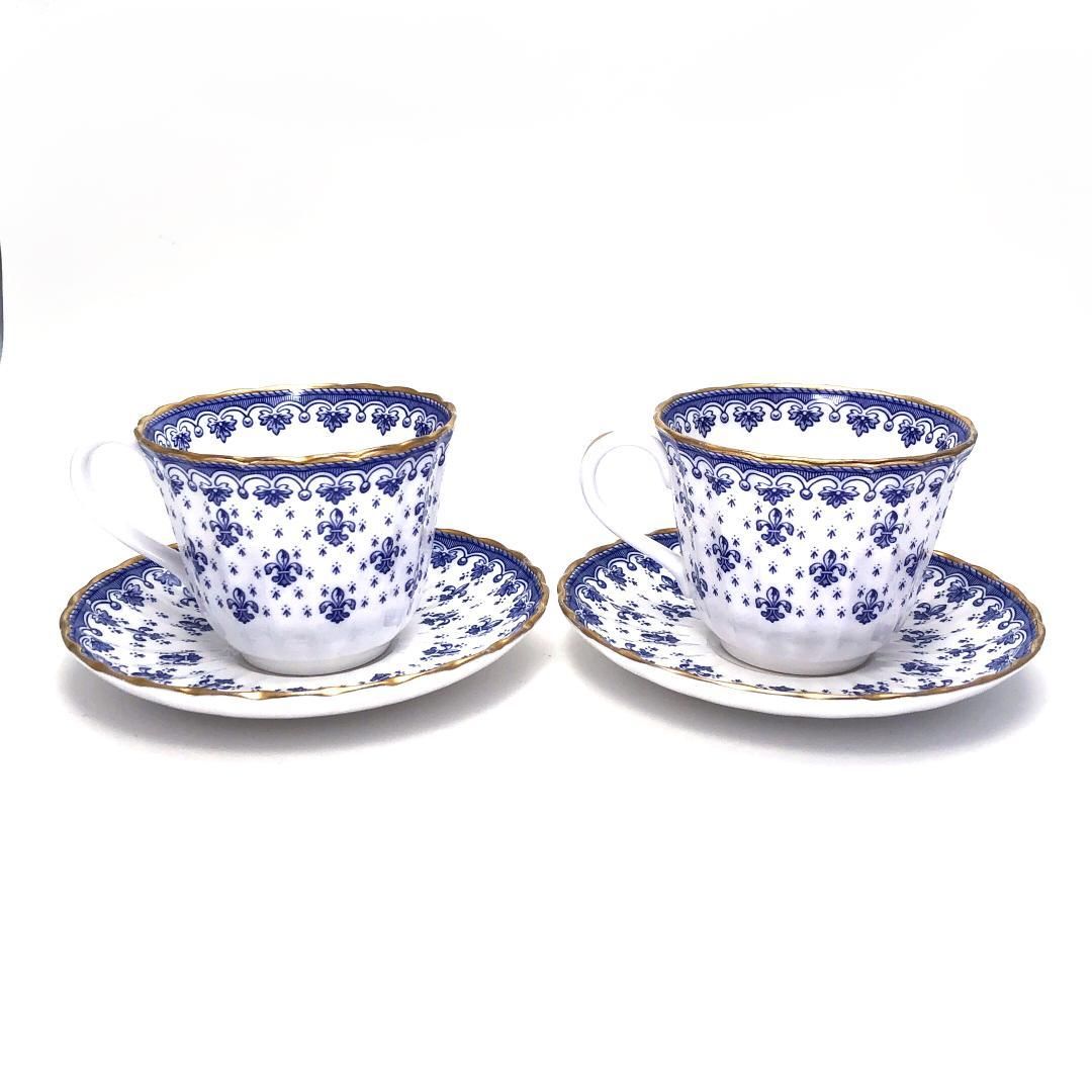 【美品】spode スポード／フルールドリス ブルー ペア カップ&ソーサー／陶器／ブルー・ホワイト・ゴールド