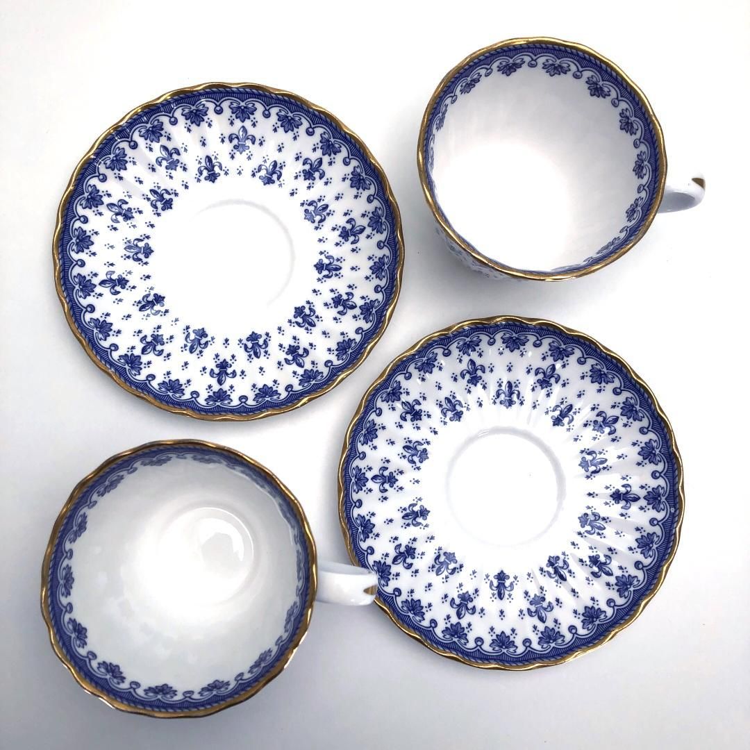 【美品】spode スポード／フルールドリス ブルー ペア カップ&ソーサー／陶器／ブルー・ホワイト・ゴールド