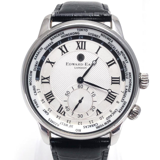 【美品】エドワードイースト／ワールドタイマー EDW1960G18／クォーツ／特徴／ステンレス・レザー／シルバー・ブラック