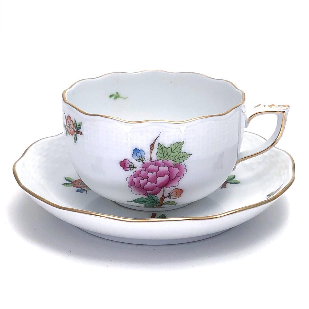 【美品】Herend ヘレンド／ETON イートン ティー カップ&ソーサー／金彩／花・フローラル／陶器／ホワイト・マルチカラー