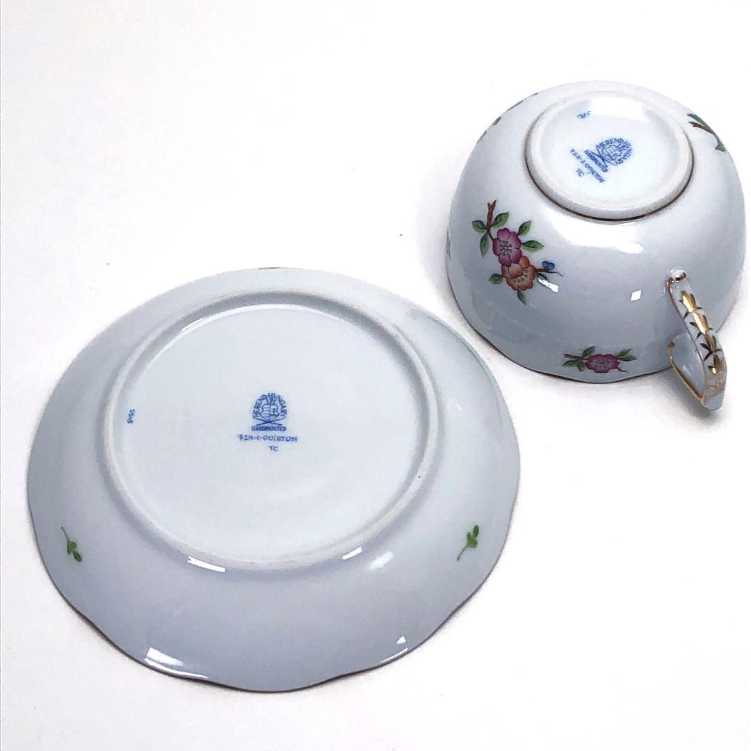 【美品】Herend ヘレンド／ETON イートン ティー カップ&ソーサー／金彩／花・フローラル／陶器／ホワイト・マルチカラー