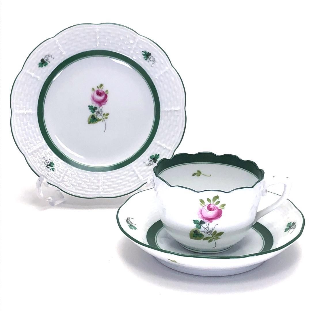 【美品】Herend ヘレンド／ウィーンのバラ デミタス カップ&ソーサー・デザート用ミニ皿 セット／陶器／ホワイト・グリーン