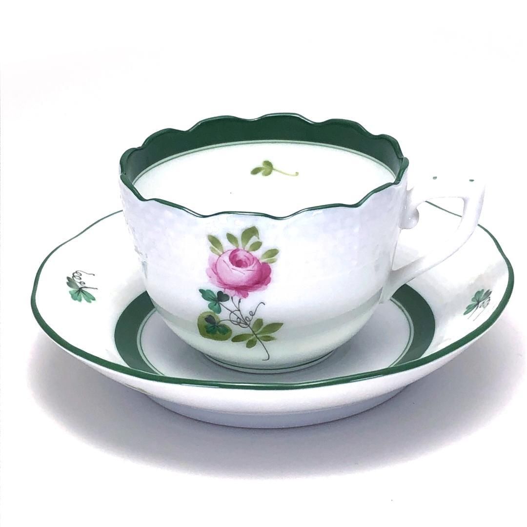 【美品】Herend ヘレンド／ウィーンのバラ デミタス カップ&ソーサー・デザート用ミニ皿 セット／陶器／ホワイト・グリーン