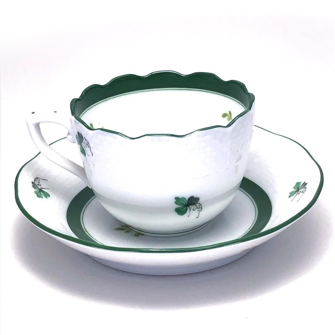 【美品】Herend ヘレンド／ウィーンのバラ デミタス カップ&ソーサー・デザート用ミニ皿 セット／陶器／ホワイト・グリーン