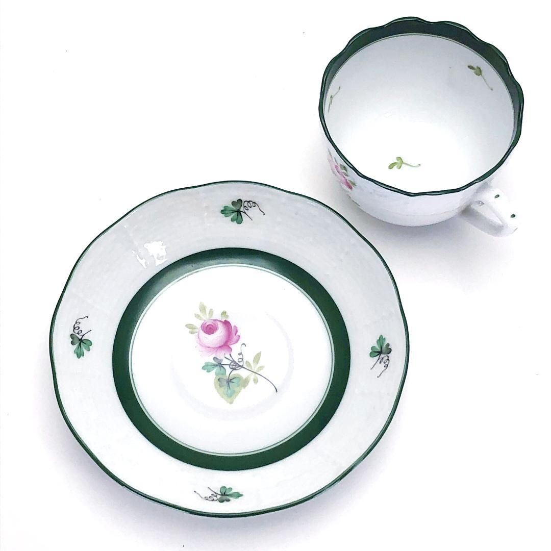 【美品】Herend ヘレンド／ウィーンのバラ デミタス カップ&ソーサー・デザート用ミニ皿 セット／陶器／ホワイト・グリーン