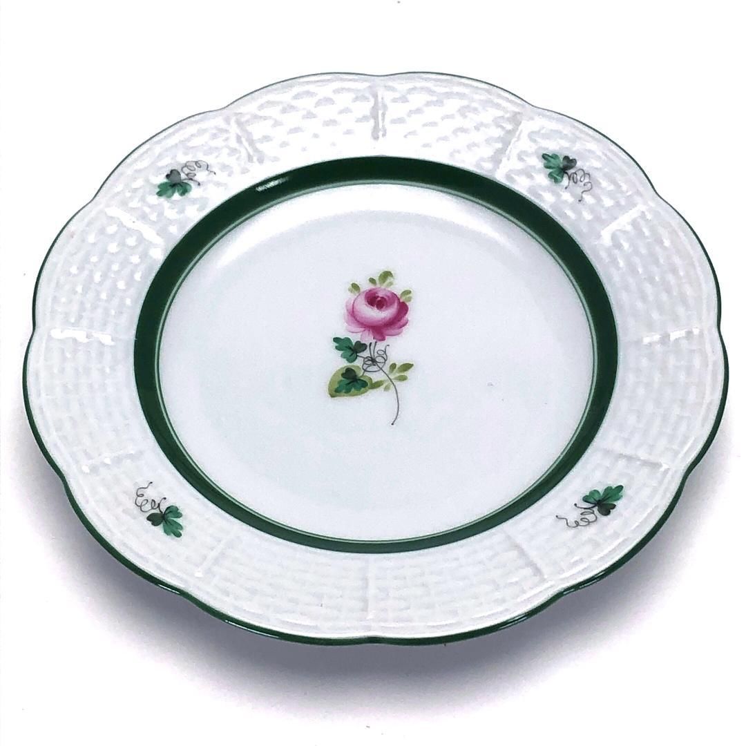 【美品】Herend ヘレンド／ウィーンのバラ デミタス カップ&ソーサー・デザート用ミニ皿 セット／陶器／ホワイト・グリーン