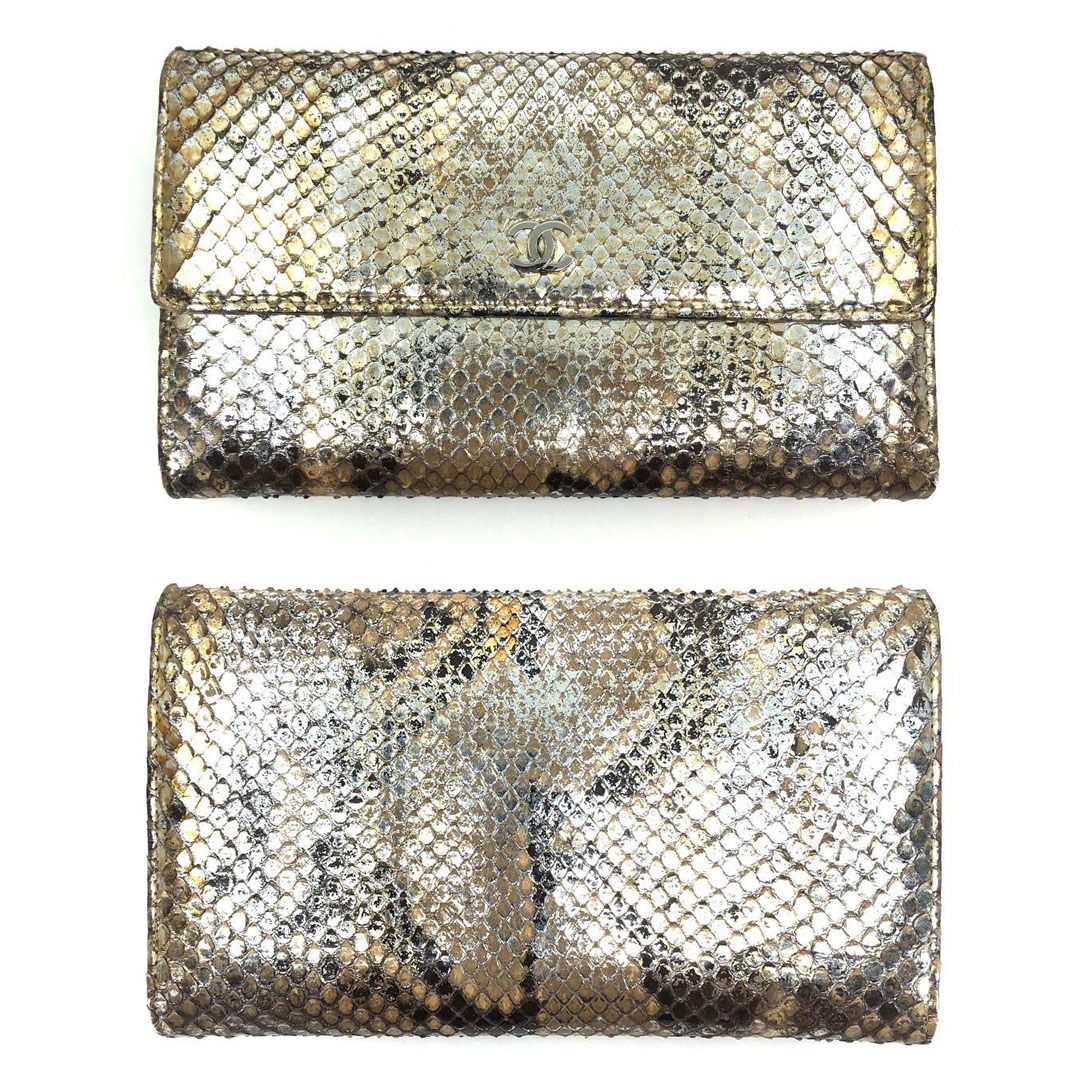 【美品・シール有・ギャランティカード付】CHANEL シャネル／パイソンレザー シルバー 長財布／レザー／シャンパンゴールド・メタリック