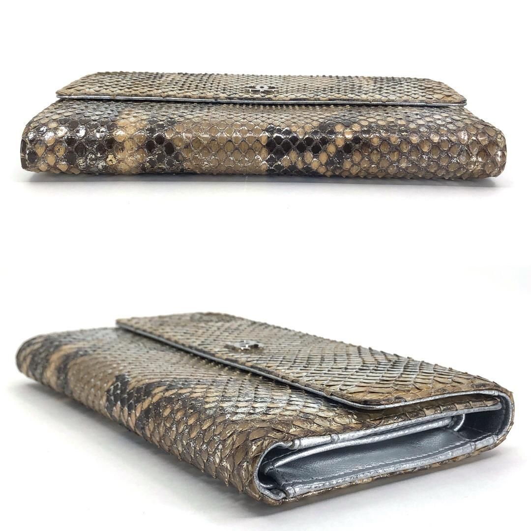 【美品・シール有・ギャランティカード付】CHANEL シャネル／パイソンレザー シルバー 長財布／レザー／シャンパンゴールド・メタリック
