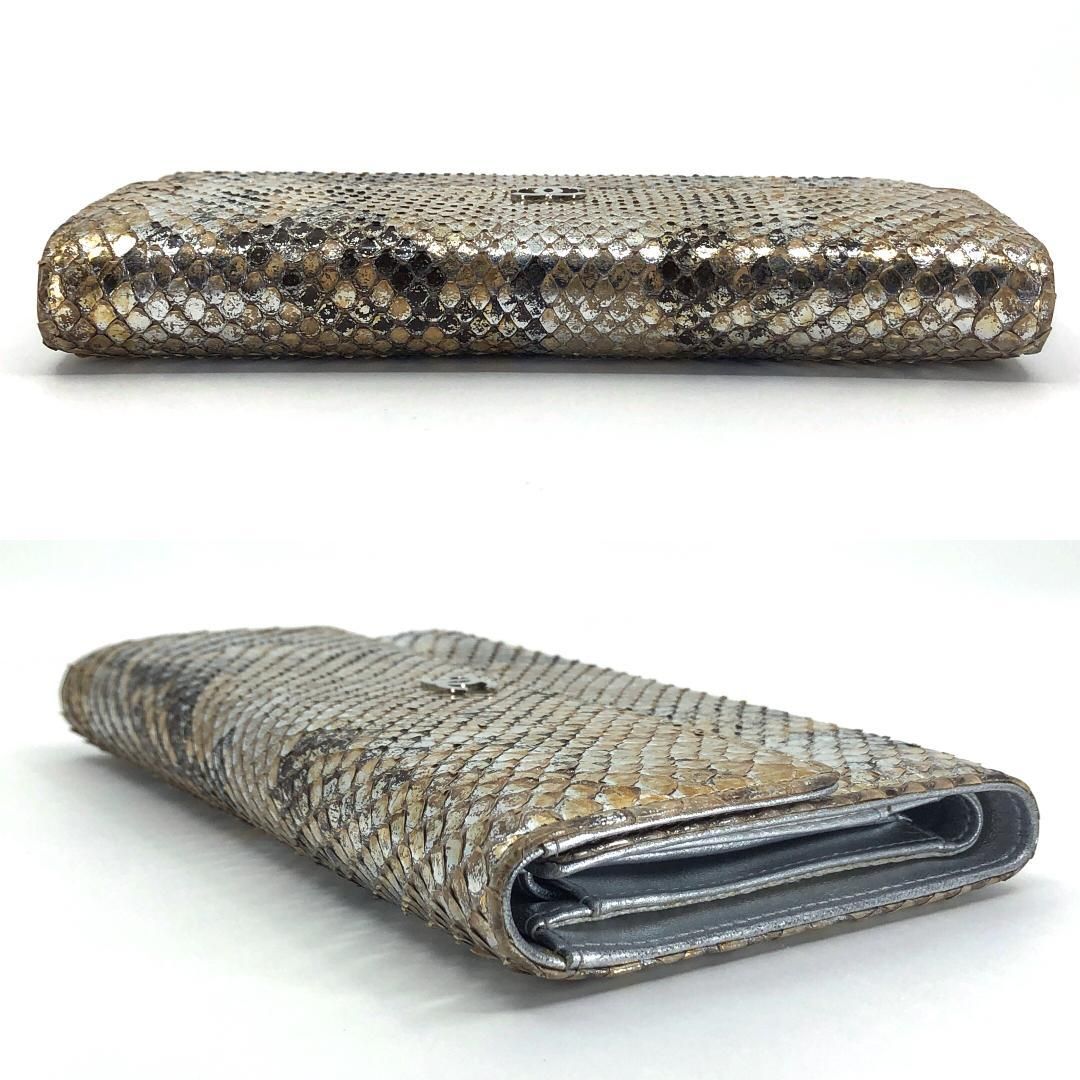【美品・シール有・ギャランティカード付】CHANEL シャネル／パイソンレザー シルバー 長財布／レザー／シャンパンゴールド・メタリック