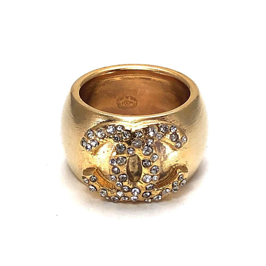 【美品】CHANEL シャネル／ココマーク ラインストーン リング／約13号／ラインストーン・GP／ゴールド