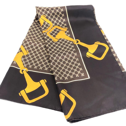 【美品】CELINE セリーヌ／馬具・マカダム柄 スカーフ／材質不明／ダークブラウン・イエロー