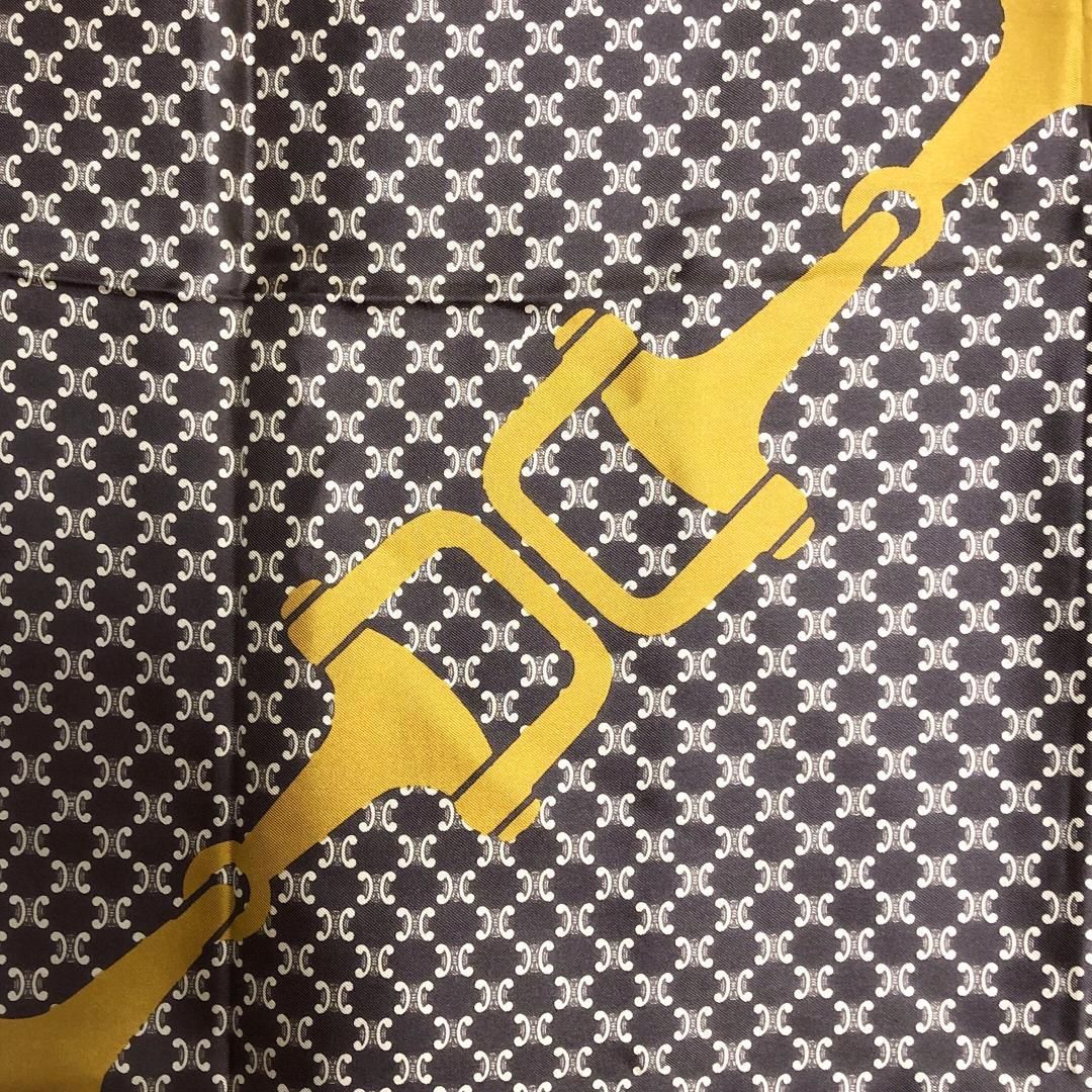 【美品】CELINE セリーヌ／馬具・マカダム柄 スカーフ／材質不明／ダークブラウン・イエロー