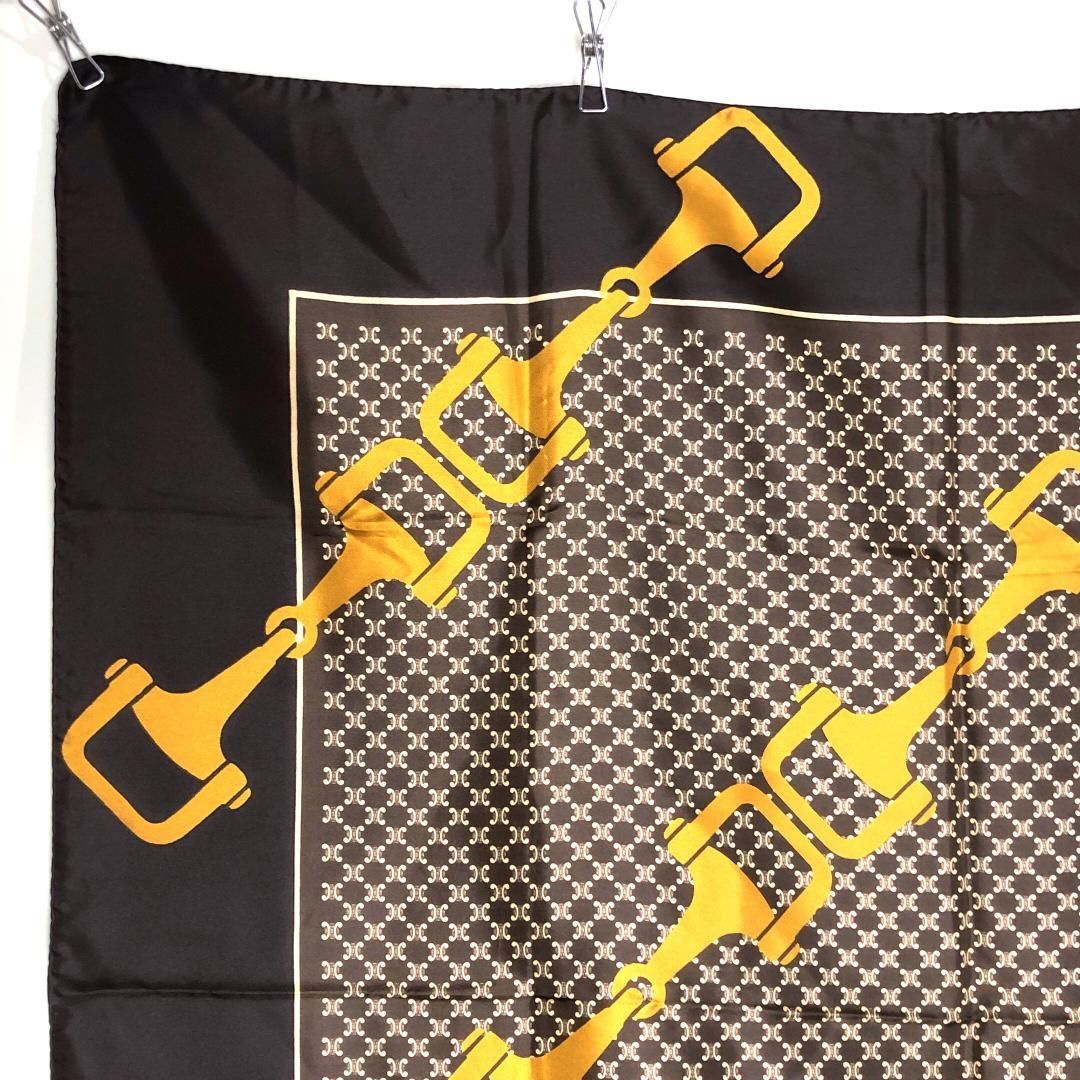 【美品】CELINE セリーヌ／馬具・マカダム柄 スカーフ／材質不明／ダークブラウン・イエロー