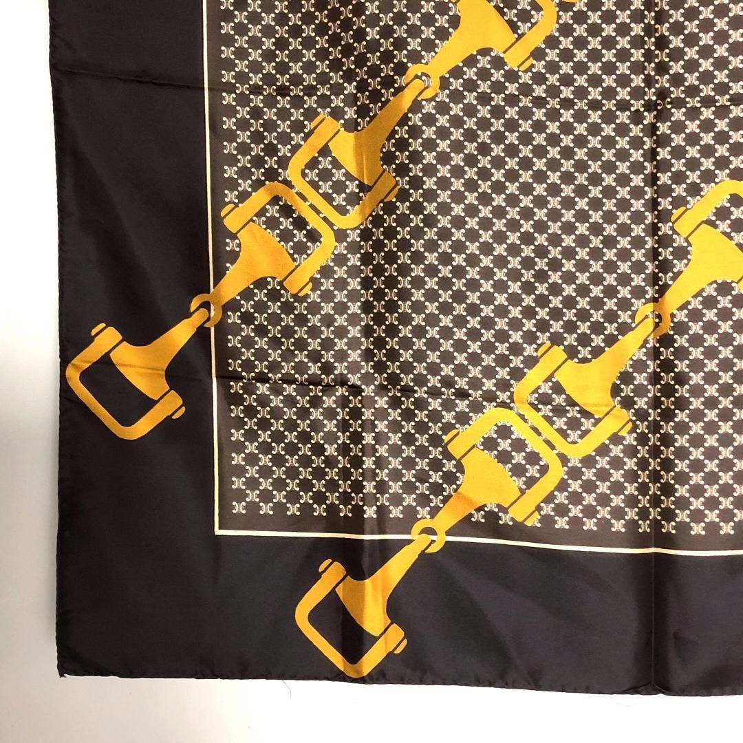 【美品】CELINE セリーヌ／馬具・マカダム柄 スカーフ／材質不明／ダークブラウン・イエロー