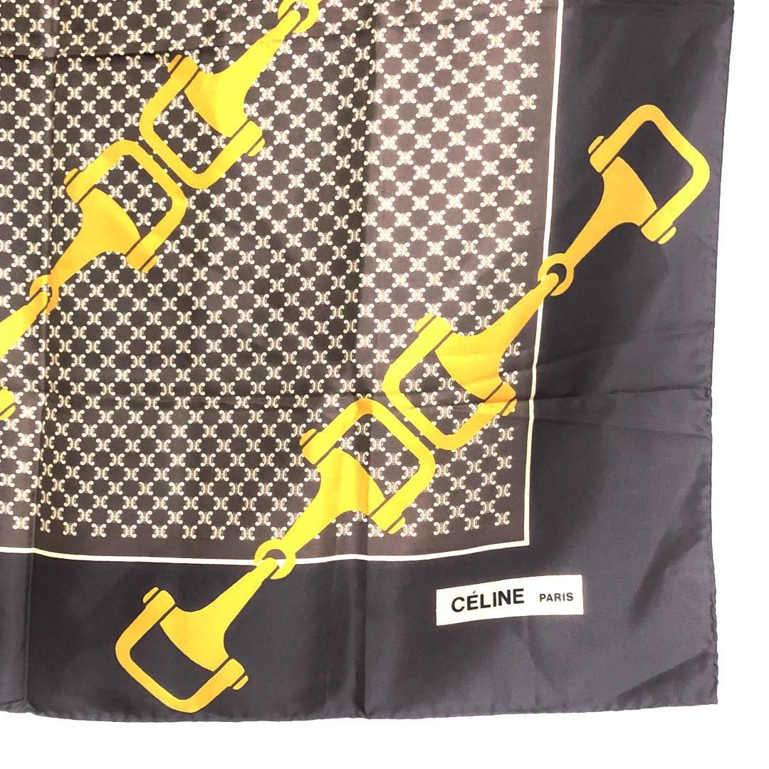 【美品】CELINE セリーヌ／馬具・マカダム柄 スカーフ／材質不明／ダークブラウン・イエロー